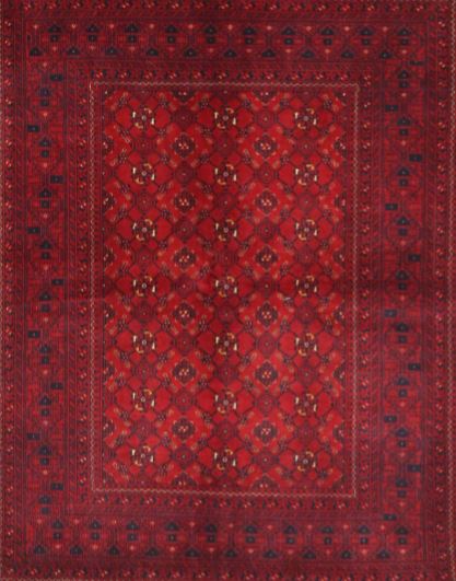 7' x 9' Traditional Red Burgundy Persian Area Rug full top view showcasing the intricate repeating motifs and decorative multi-layered border design.