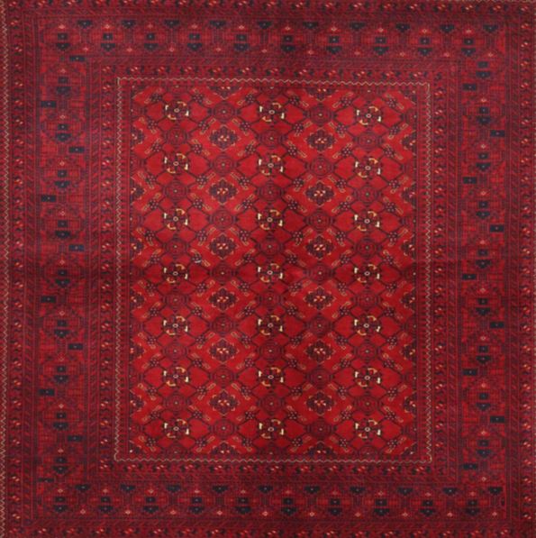 7' x 9' Traditional Red Burgundy Persian Area Rug thickness measurement image displaying the low-profile pile height next to a ruler for scale.