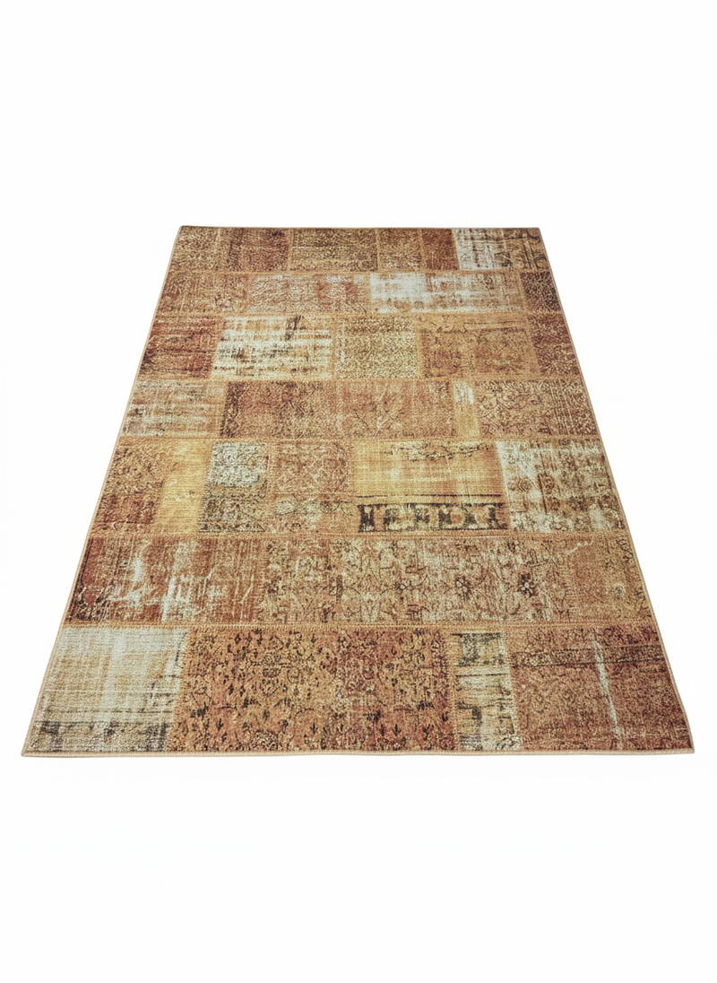 7'x 9' Warm Tan Cream & Rust  Rectangular Washable Area Rug in Distressed Vintage Pattern.