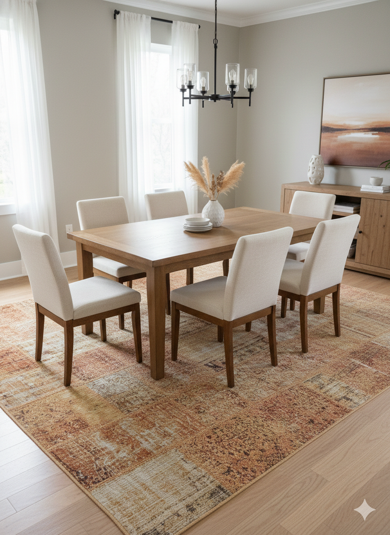 7'x 9' Warm Tan Cream & Rust Distressed Vintage Rectangular Washable Area Rug placed in a formal dining room.