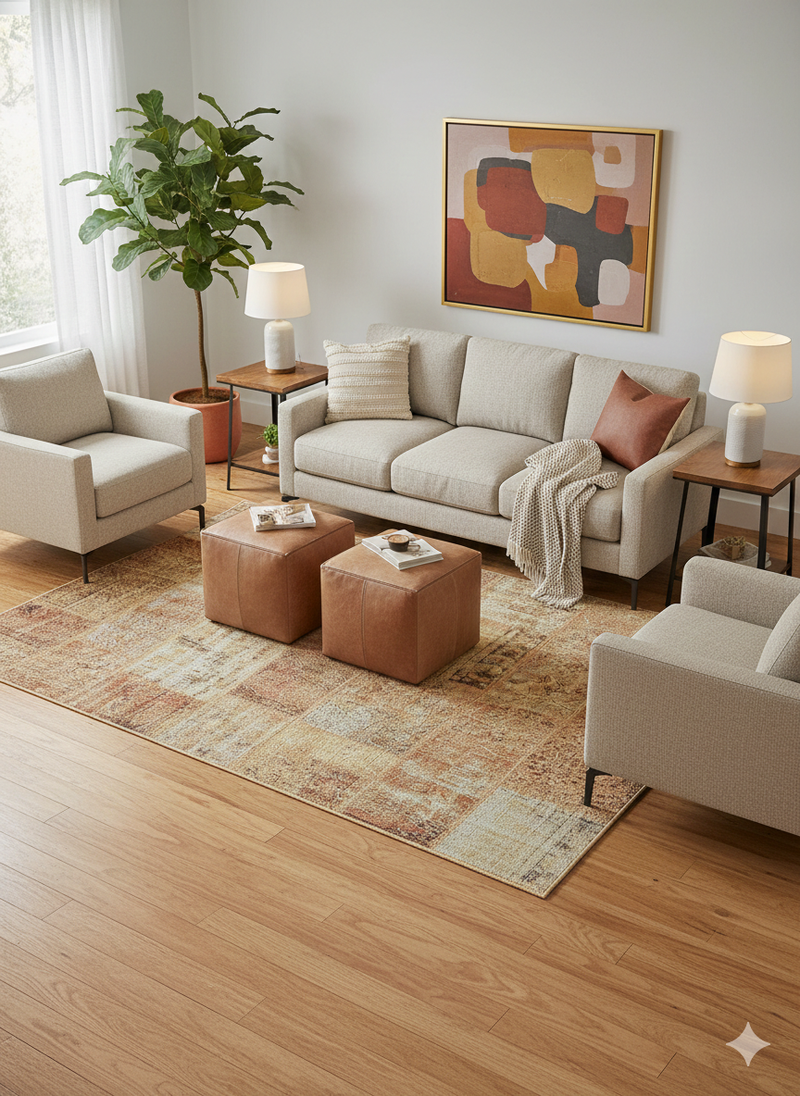 7'x 9' Warm Tan Cream & Rust Distressed Vintage Rectangular Washable Area Rug styled in a living room.