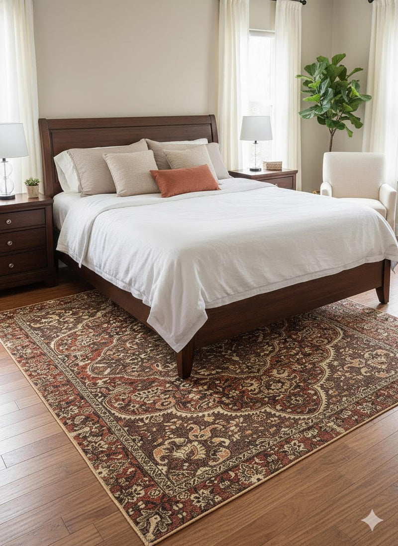 7' x 9' burgundy and brown traditional medallion washable area rug positioned under a bed in a cozy bedroom with warm wood furniture and neutral bedding.
