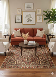 7' x 9' burgundy brown washable traditional medallion rug placed in a warm living room with a rust-toned sofa, neutral chairs, and elegant wall décor.