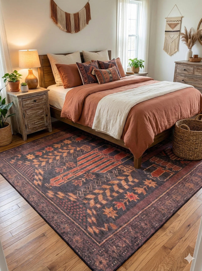 7' x 9' burgundy multi-color washable tribal medallion area rug placed in a cozy boho bedroom with a wooden bed frame, rust-toned bedding, and natural woven décor.