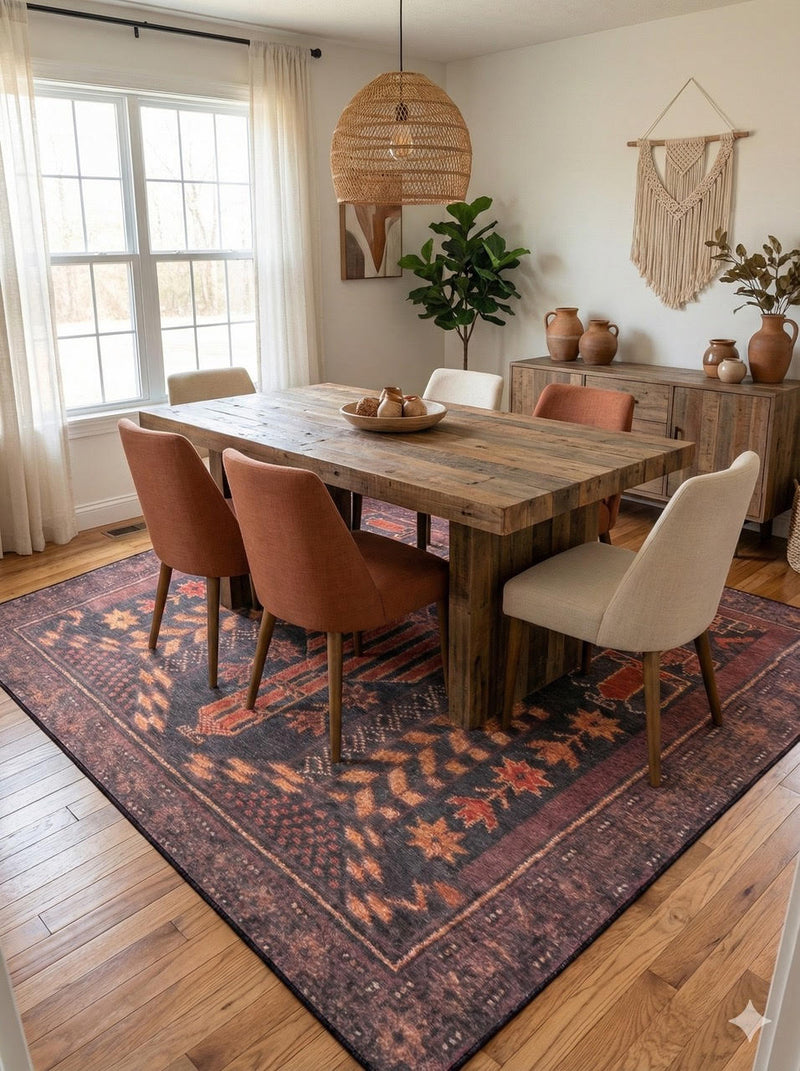 7' x 9' burgundy multi-color washable tribal medallion area rug styled in a rustic dining room with a reclaimed wood dining table, mixed upholstered chairs, and warm neutral décor.