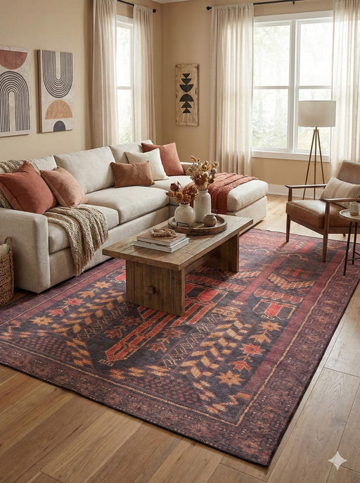 7' x 9' burgundy multi-color washable tribal medallion area rug styled in a warm living room with a neutral sofa, rustic wood coffee table, and earthy terracotta accent pillows.