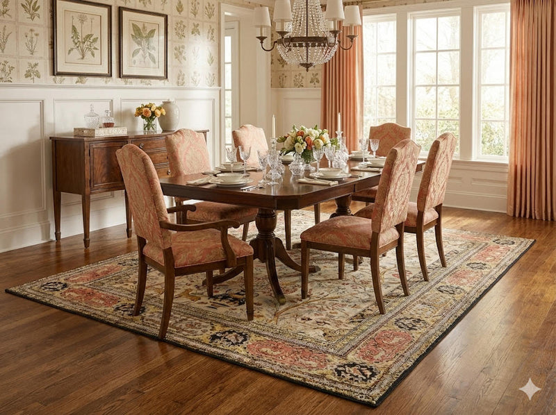 7' x 9' ivory floral tree traditional area rug placed beneath a wooden dining table with upholstered chairs in an elegant dining space.