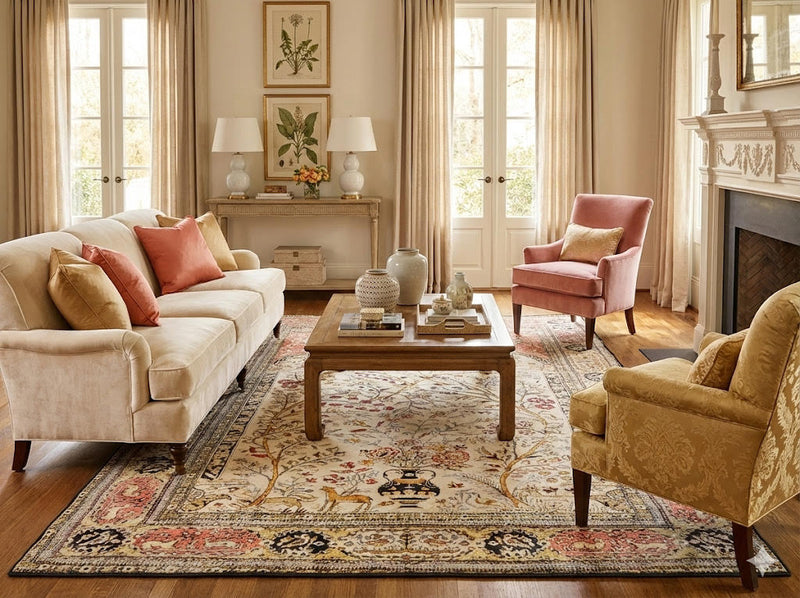 7' x 9' ivory multi-color floral tree traditional area rug styled in a classic living room with neutral sofa, coral accent pillows, and warm wood furniture.