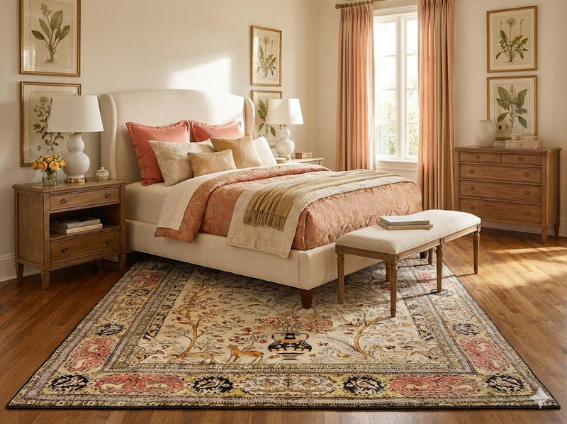 7' x 9' ivory multi-color floral tree traditional area rug styled under a bed with warm coral bedding accents and classic wood furniture.