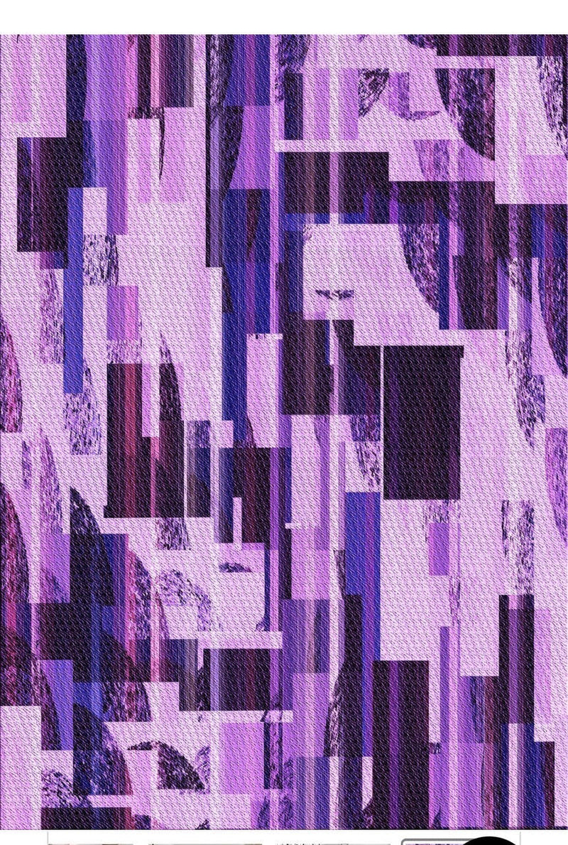7' x 9' lavender, plum, and black geometric abstract area rug featuring layered rectangular patterns and bold modern design.