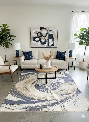 7' x 9' navy blue and beige abstract modern area rug styled in a contemporary living room with a neutral sofa, round coffee table, and navy accent pillows.