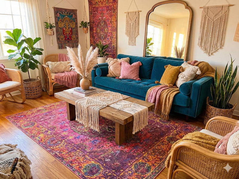 7' x 9' raspberry pink multi-color washable bohemian medallion area rug placed in a vibrant bohemian living room with a teal sofa, woven chairs, and layered textured décor.