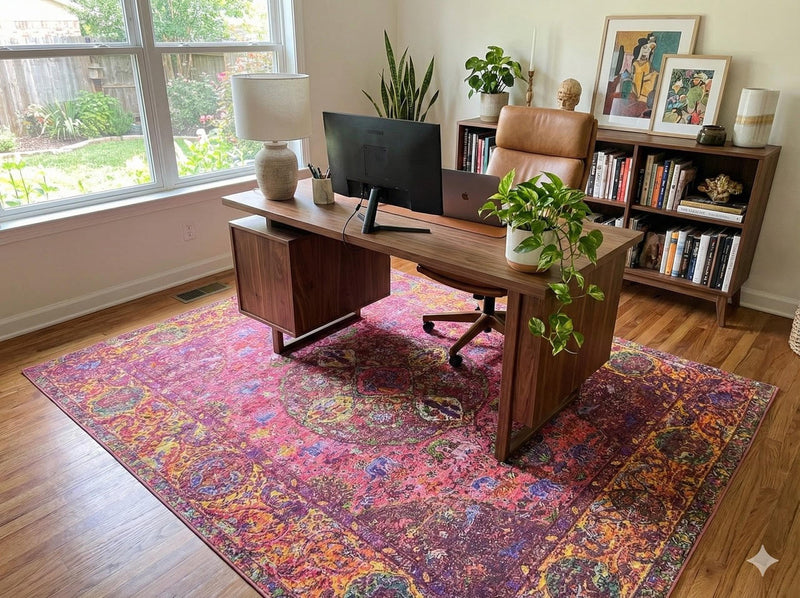 7' x 9' raspberry pink multi-color washable bohemian medallion area rug styled in a bright home office with a wooden desk, indoor plants, and natural light from large windows.