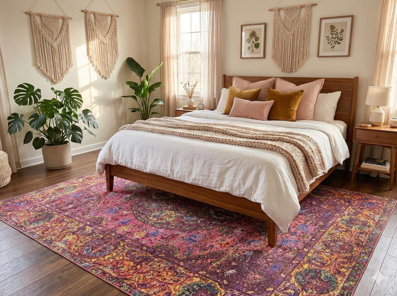 7' x 9' raspberry pink multi-color washable bohemian medallion area rug styled in a warm boho bedroom with a natural wood bed frame, macramé wall hangings, and soft blush and mustard accent pillows.