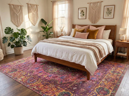 7' x 9' raspberry pink multi-color washable bohemian medallion area rug styled in a warm boho bedroom with a natural wood bed frame, macramé wall hangings, and soft blush and mustard accent pillows.
