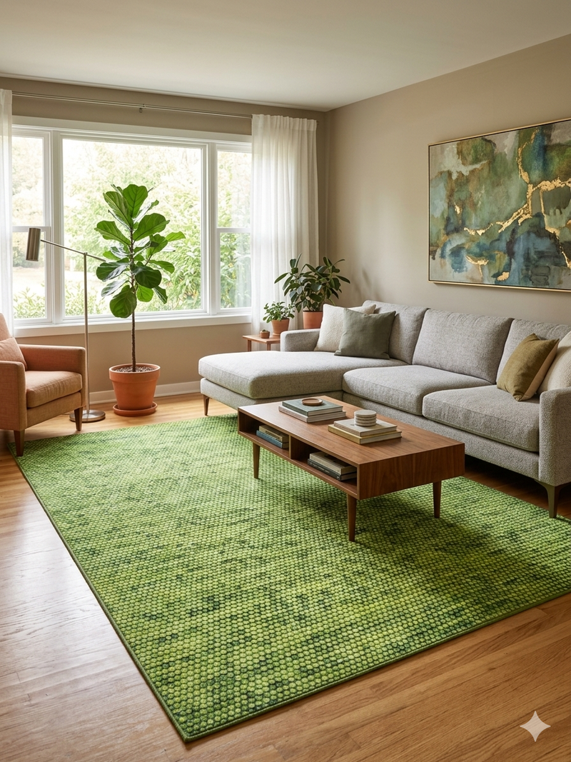 7' x 9' rectangular green textured micro dot modern area rug placed in a bright living room with a neutral sofa, wood coffee table, and large window.
