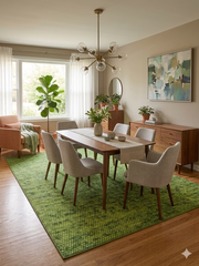 7' x 9' rectangular green textured micro dot modern area rug placed in a dining room with a wooden table, upholstered chairs, and modern lighting.