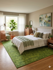 7' x 9' rectangular green textured micro dot modern area rug styled in a bedroom with a light upholstered bed, wooden furniture, and soft natural accents.
