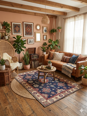 7' x 9' rectangular navy blue & red floral medallion traditional area rug placed in a warm boho living room with a leather sofa, woven accents, plants, and wood flooring.