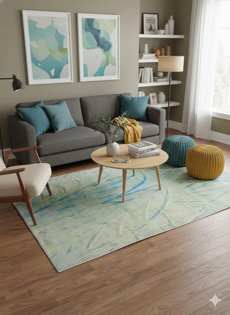 7' x 9' sage green abstract modern area rug placed in a contemporary living room with a gray sofa, teal accent pillows, and light wood coffee table.