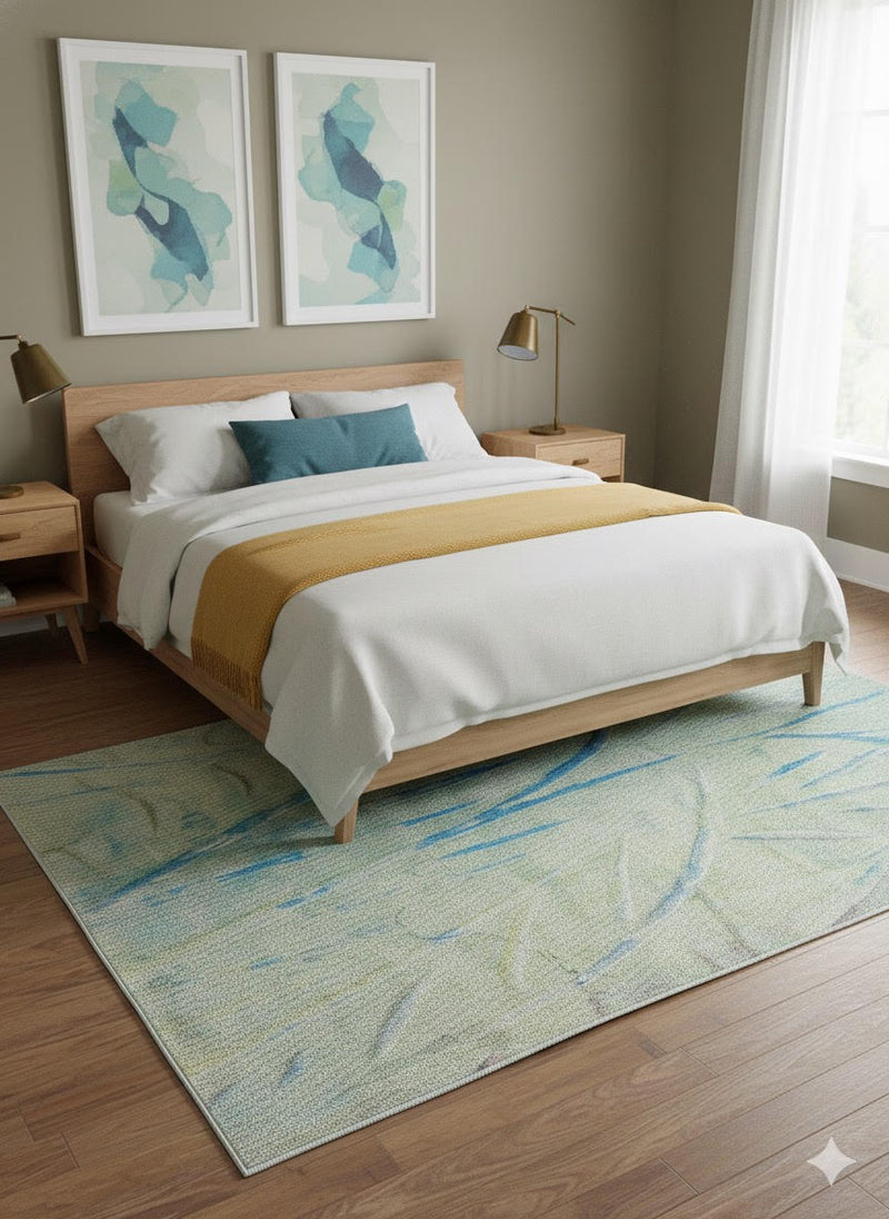 7' x 9' sage green and blue abstract modern area rug styled under a wooden bed with white bedding and teal accent pillows in a bright modern bedroom.