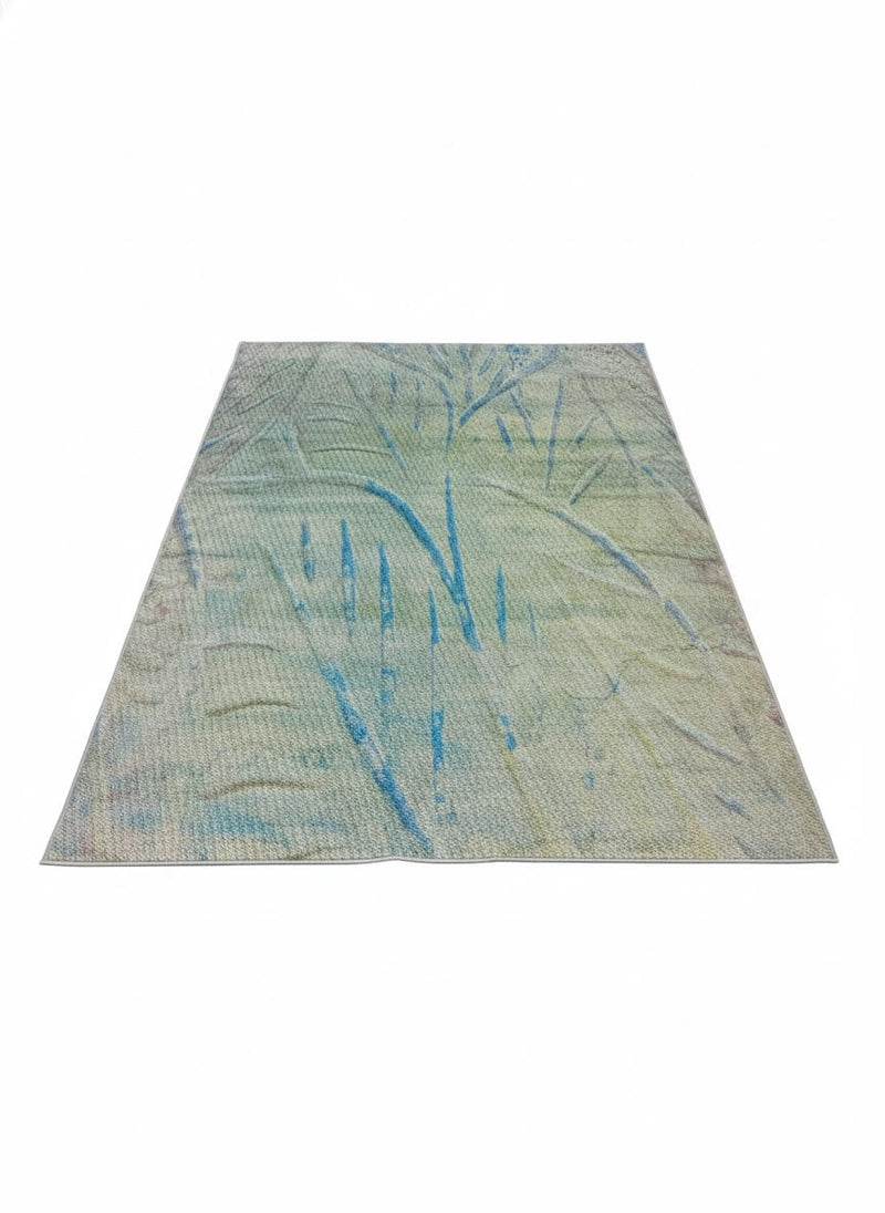 7' x 9' sage green, blue, and soft gray abstract modern area rug featuring fluid organic line patterns and a textured contemporary design.