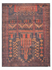 7' x 9' washable area rug featuring a deep burgundy base with multi-color tribal medallion motifs in rust, gold, and charcoal tones with a distressed vintage finish.
