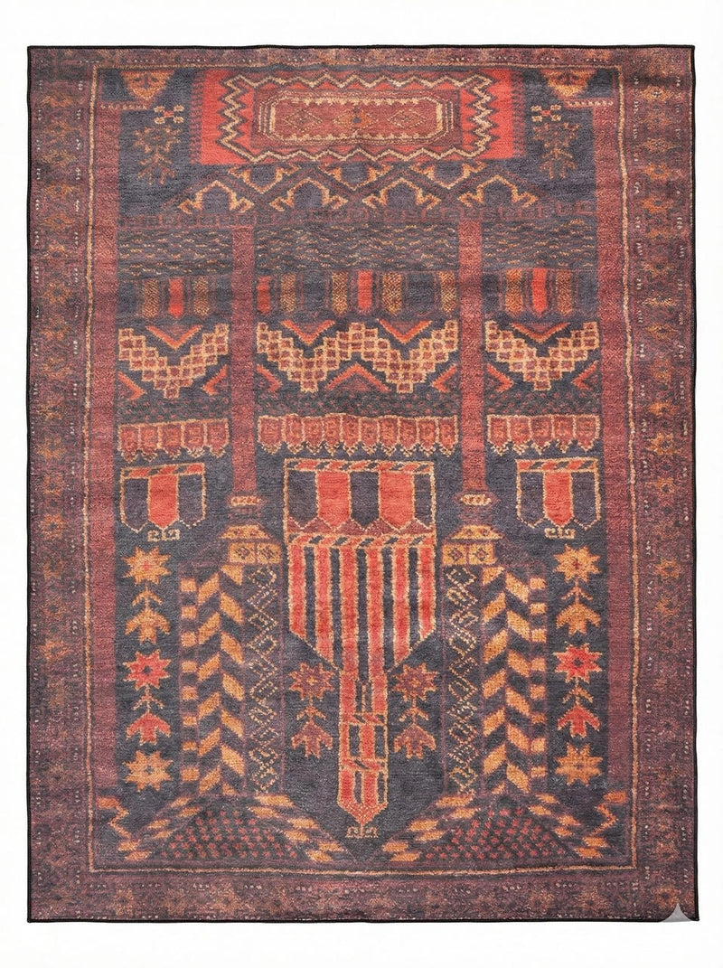 7' x 9' washable area rug featuring a deep burgundy base with multi-color tribal medallion motifs in rust, gold, and charcoal tones with a distressed vintage finish.