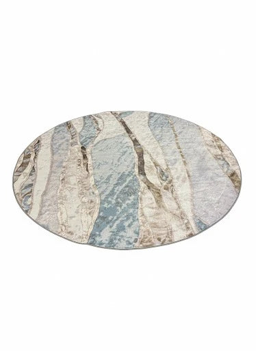 8-foot round ivory and beige abstract marble design area rug featuring flowing stone-inspired patterns with soft blue and gray accents.