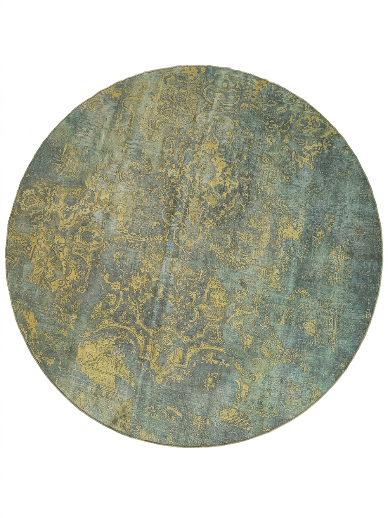 8' Round Blue & Gold Distressed Floral Traditional Washable Area Rug isolated on a white background.
