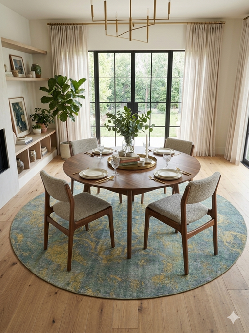 8' Round Blue & Gold Distressed Floral Traditional Washable Area Rug styled in a dining room with a round table, upholstered chairs, and soft neutral decor.