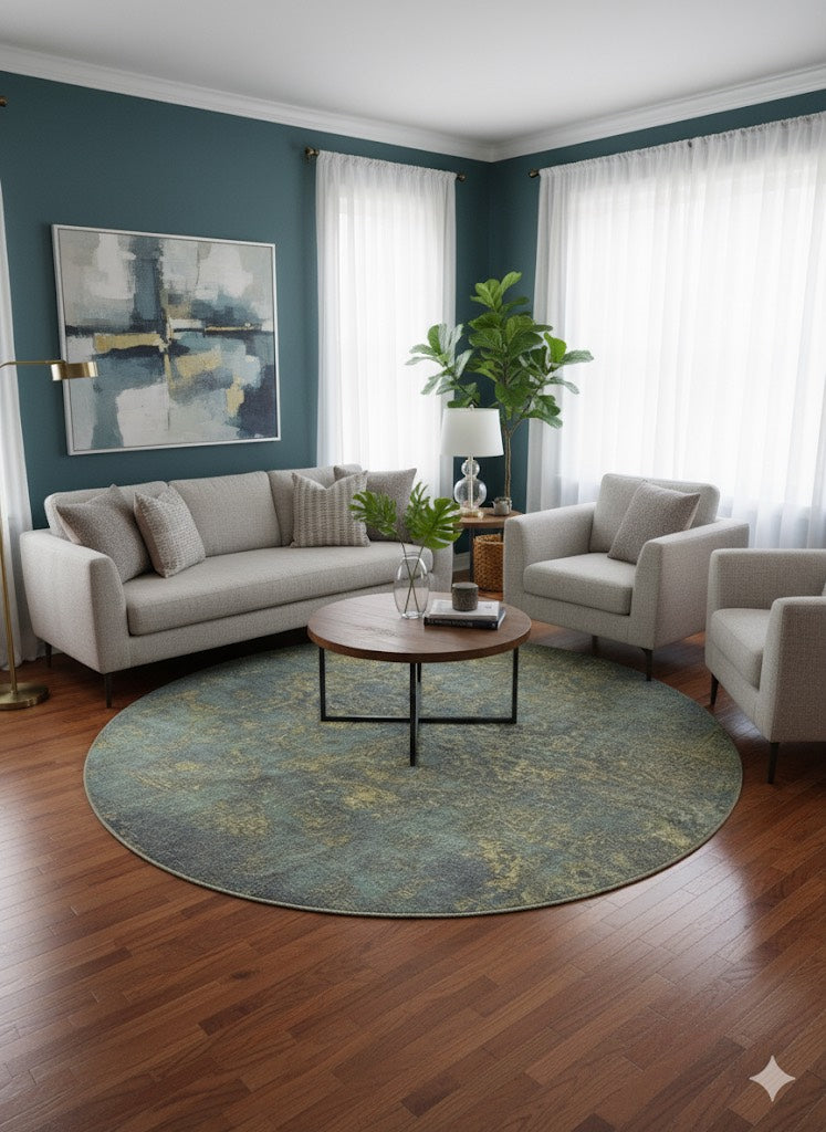 8' Round Blue & Sage Green Distressed Traditional Area Rug placed in living room under round coffee table seating area.
