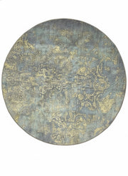 8' Round Blue & Sage Green Distressed Traditional Area Rug placed on white background product display.