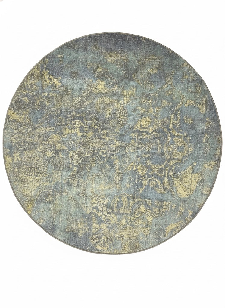 8' Round Blue & Sage Green Distressed Traditional Area Rug placed on white background product display.