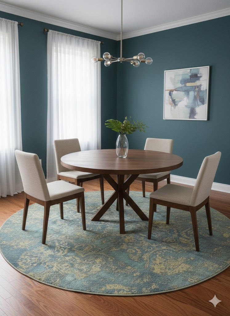 8' Round Blue & Sage Green Distressed Traditional Area Rug styled in dining room under round wooden dining table.