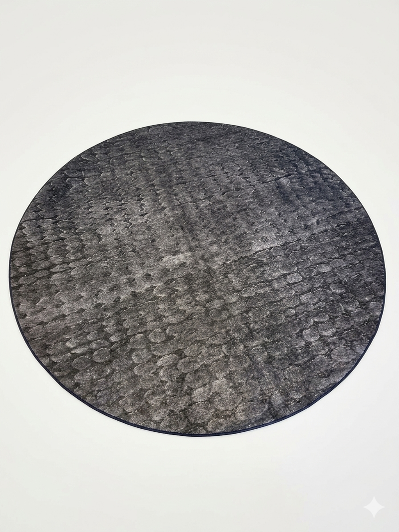 8' Round Charcoal Gray Textured Abstract Modern Washable Area Rug isolated on a white background.