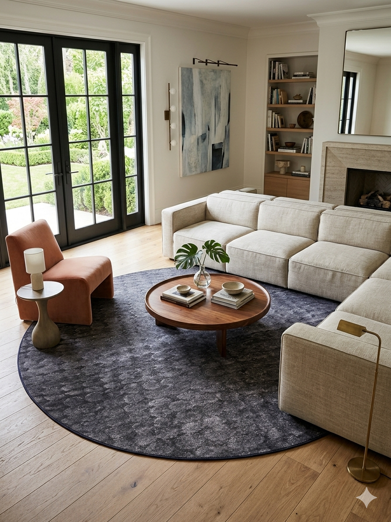 8' Round Charcoal Gray Textured Abstract Modern Washable Area Rug styled in a living room with a sectional sofa and coffee table.