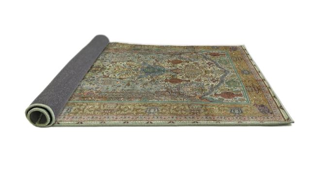 8' Round Dark Khaki Green Traditional Persian Area Rug angled product view displaying the full design and backing detail.