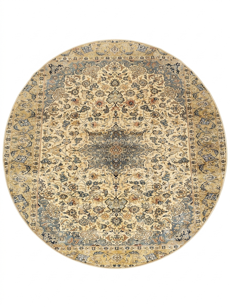8' Round Ivory & Blue Floral Medallion Traditional Area Rug isolated on a white background.
