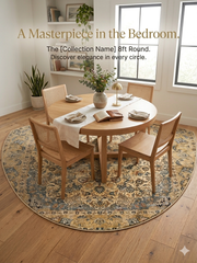 8' Round Ivory & Blue Floral Medallion Traditional Area Rug placed in a dining area with a round table, wood chairs, and minimalist decor.