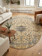 8' Round Ivory & Blue Floral Medallion Traditional Area Rug placed in a living room with a sofa, accent chair, and natural wood coffee table.