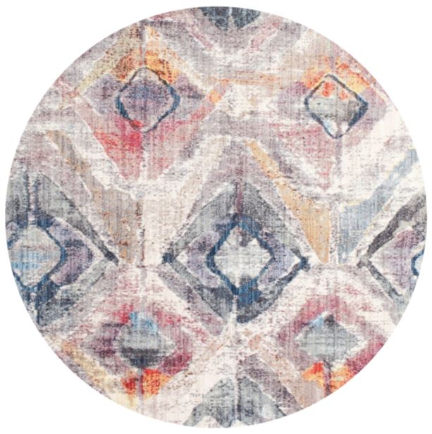 8' Round Ivory Multi Color Contemporary Modern Area Rug product view showcasing the circular shape and colorful diamond-inspired motifs.