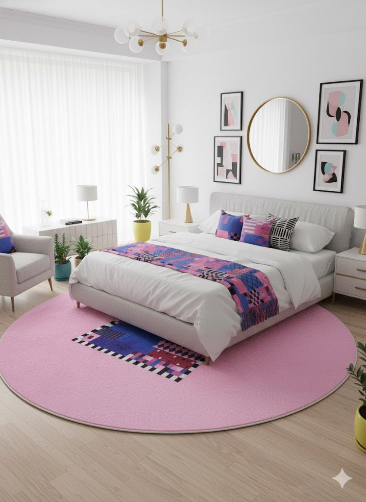 8' Round Pink Royal Blue Black White Geometric Abstract Modern Contemporary Area Rug placed beneath a bed with white bedding and colorful patterned pillows.