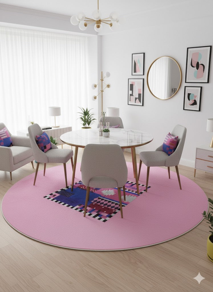 8' Round Pink Royal Blue Black White Geometric Abstract Modern Contemporary Area Rug styled in a dining room with a round white dining table and gray upholstered chairs.