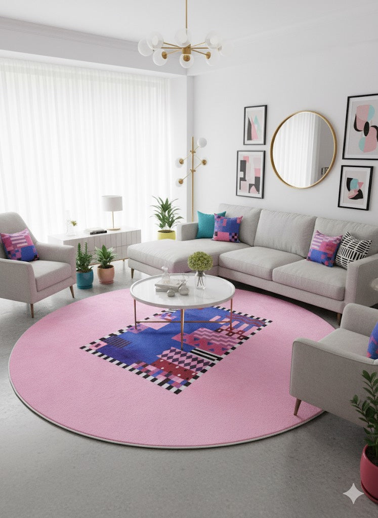 8' Round Pink Royal Blue Black White Geometric Abstract Modern Contemporary Area Rug styled in a living room with a gray sectional sofa and round white coffee table.