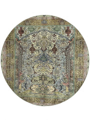 8' Round Sage Green Beige Multicolor Oriental Floral Traditional Washable Area Rug featuring intricate floral motifs, ornate scrollwork and a decorative border.
