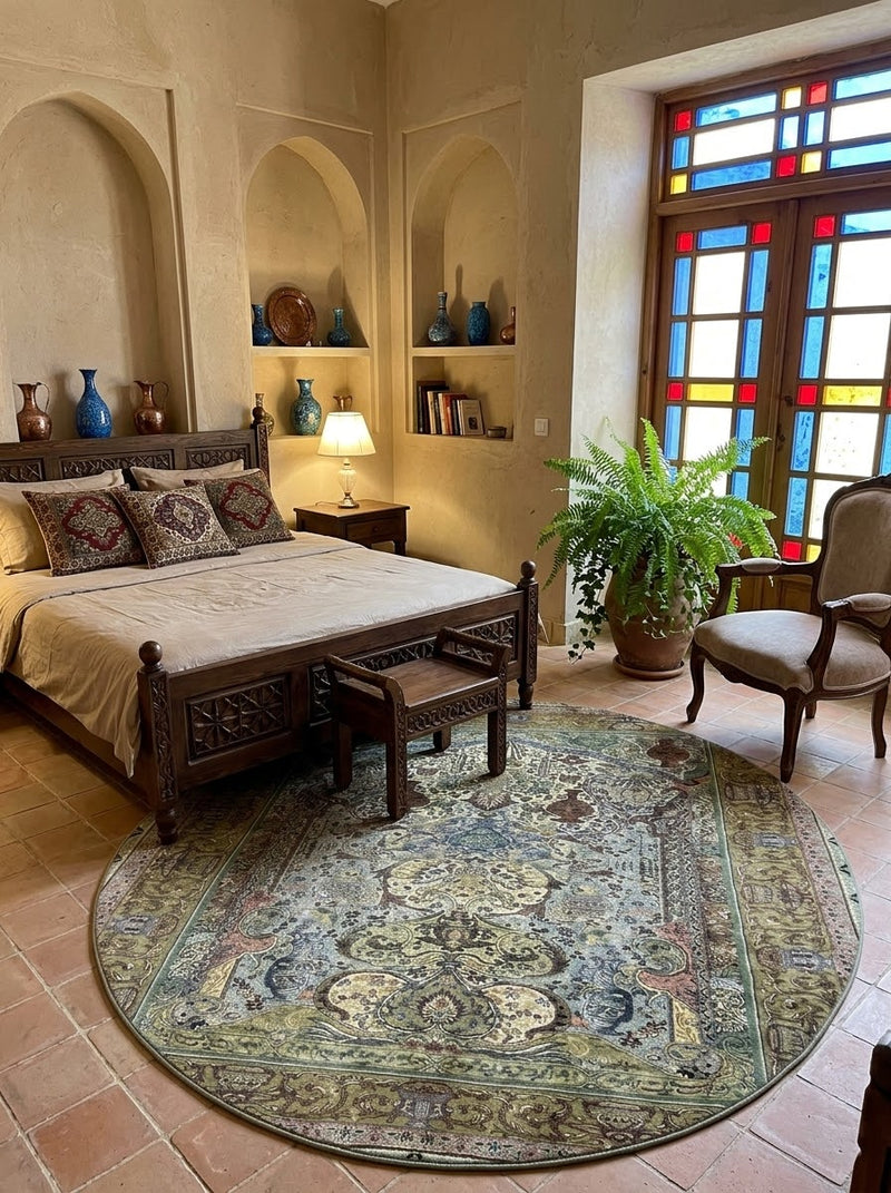 8' Round Sage Green Beige Multicolor Oriental Floral Traditional Washable Area Rug placed in a bedroom with a carved wooden bed and upholstered accent chair.