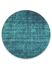 8' Round Teal & Charcoal Distressed Modern Washable Area Rug displayed on a clean background highlighting the textured distressed pattern and rich teal tones.