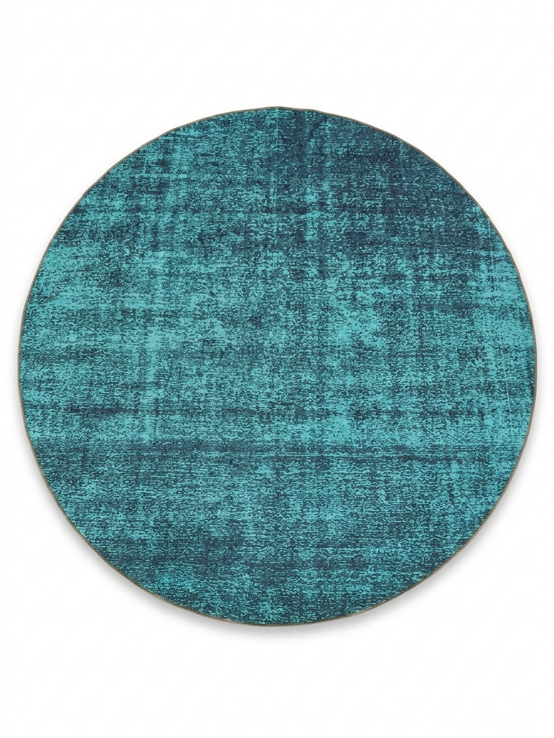 8' Round Teal & Charcoal Distressed Modern Washable Area Rug displayed on a clean background highlighting the textured distressed pattern and rich teal tones.