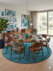 8' Round Teal & Charcoal Distressed Modern Washable Area Rug styled in a bright dining room beneath a round wooden dining table with coordinated teal décor.